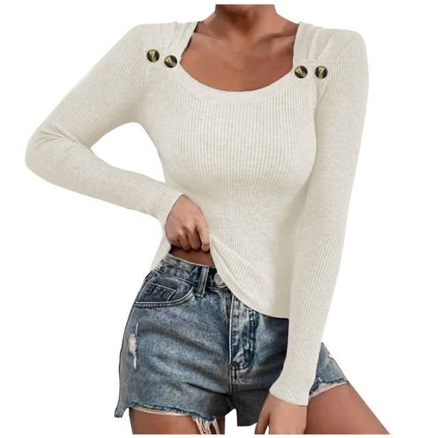 Timegard Hauts de Sortie pour Femmes Bouton Col Rond Blouse Moulante Confortable Mode Automne Couleur Unie