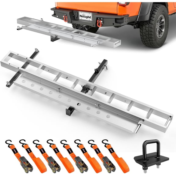 Nilight Motorcycle Hitch Carrier 400LBS, Lightweight Robust Aluminum Dirt Bike Hitch Hauler with 55.11" Longer Ramp, Pin Lock, Tie-Down Strap and Tightener, 2" Receiver, 5" Wide Tire