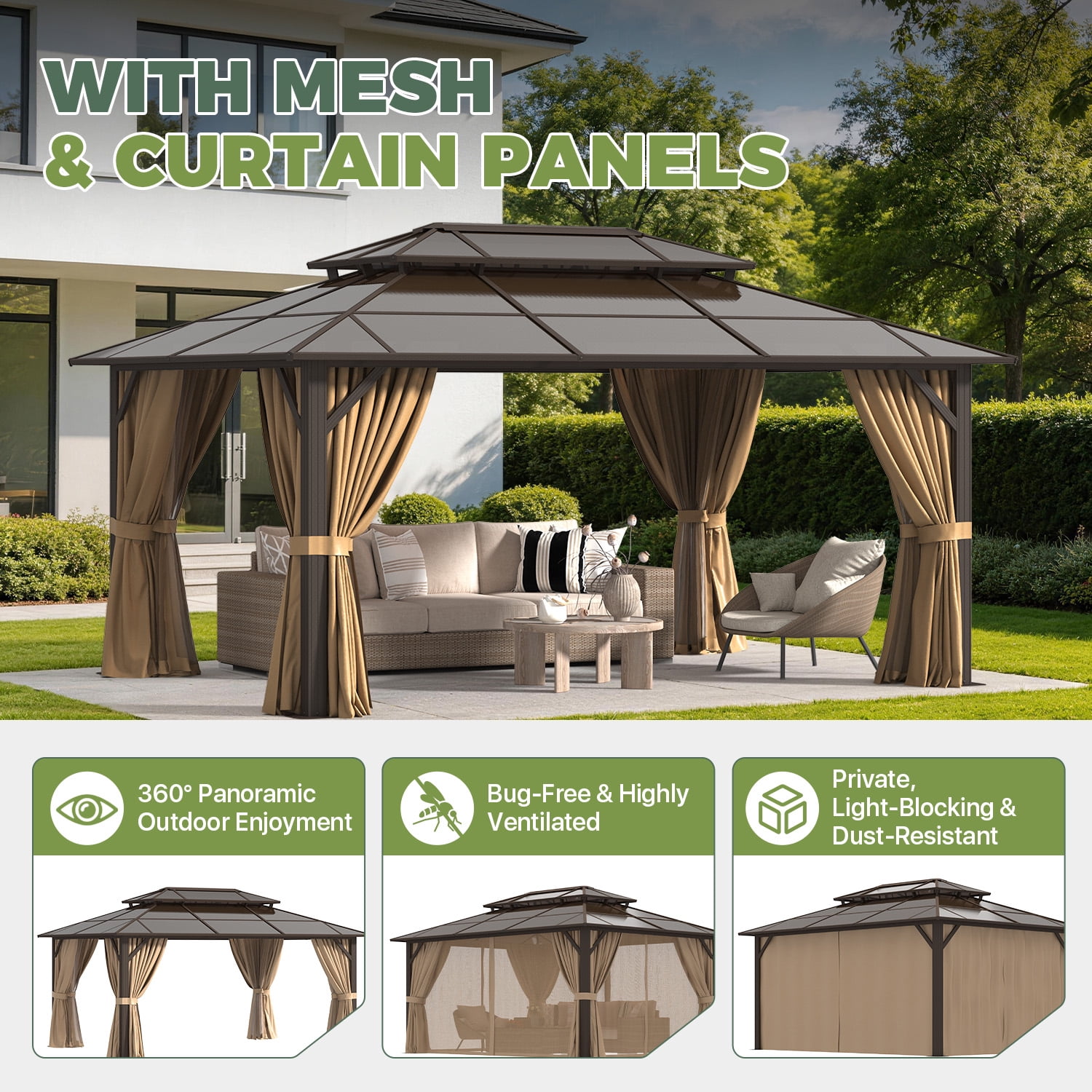 BaPiPro 16x12 FT Outdoor Gazebo, Double Roof Polycarbonate Hardtop, Iron Frame, Bronze Brown, UV Protected, Weather Resistant, for Patio Backyard Deck Lawn
