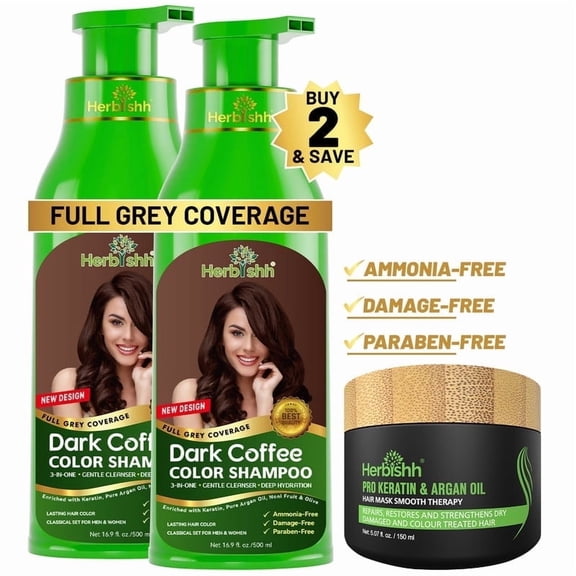 Herbishh Hair Color Shampoo for Gray Hair – 2 x 500ML (Dark Coffee)   Hair Mask Combo – 3-in-1 Natural Hair Dye Shampoo – Colors in Minutes, Long-Lasting, Ammonia-Free, Cleanses & Conditions