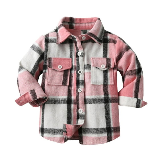 Odeerbi Toddler Boys Girls Winter Coat Plaid Shacket Jacket Fleece Warm Outerwear Overcoat Fashion Casual Long Sleeve Turndown Neck Jacket Printed Outwear Pink