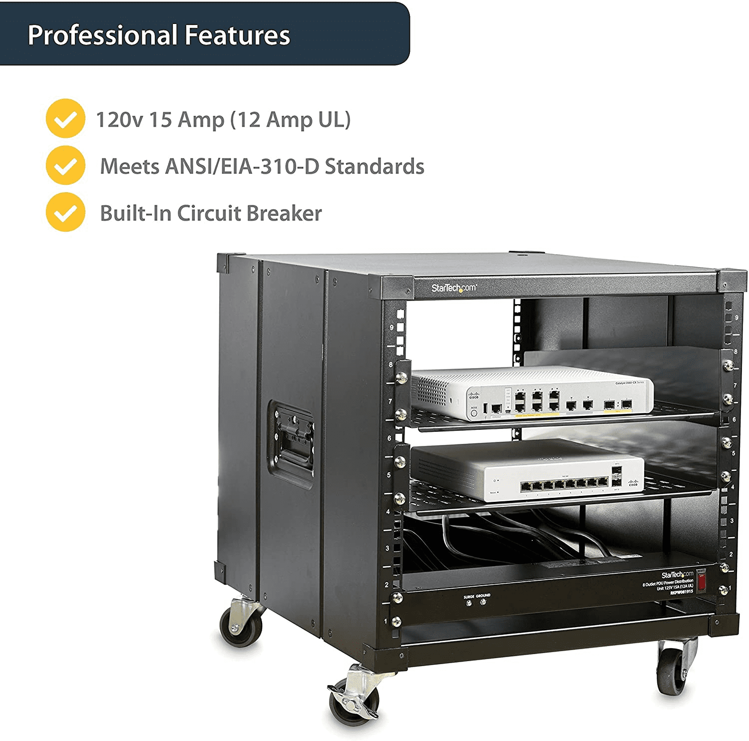 StarTech.com 8 Outlet Horizontal 1U Rack Mount PDU Power Strip for Network Server Racks - Surge Protection - 120V/15A - with 6 Ft Power Cord (RKPW081915), Black