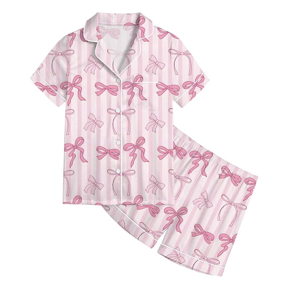 oqasdz Children Kids Girls Summer Outfits Short Sleeve Bow Print Button Down Shirts and Shorts 2 Piece Casual Loose Fit Home Outfit Clothes Sets,Pink,7-8 Years