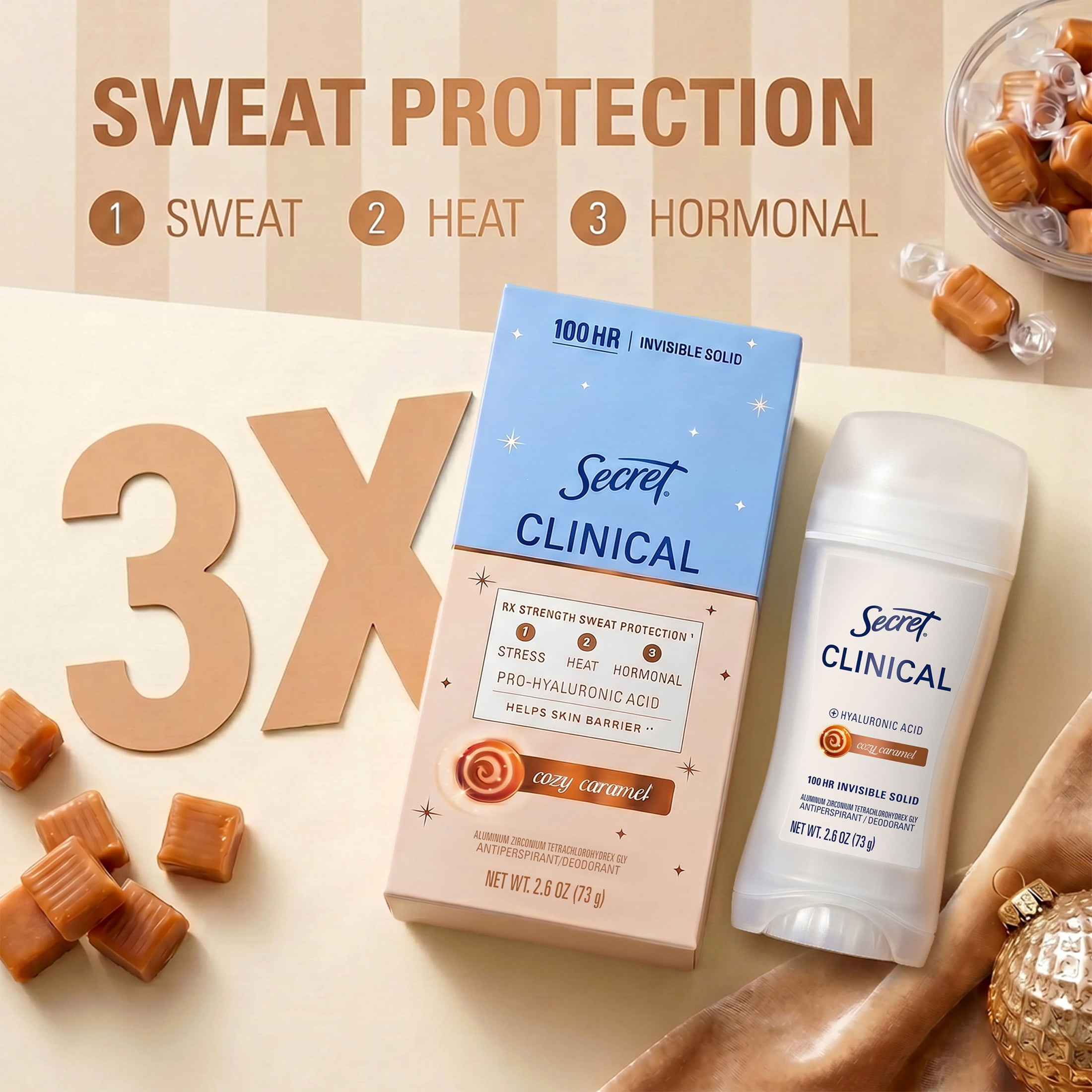 Secret 100HR Holiday Clinical Antiperspirant Deodorant for Women, Hyaluronic Acid, Invisible Solid, Cozy Caramel, 2.6 oz