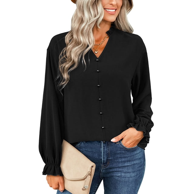 Blusa Color puro Manga larga Cuello en V Botones Tops casuales de moda para mujer Negro XL