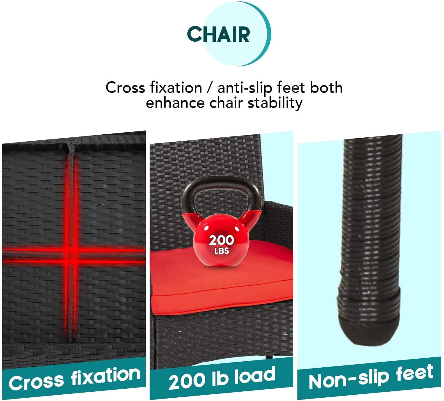 3 Pieces Outdoor Patio Furniture Wicker Table and Chairs Set Bar Set with Cushioned Tempered Glass, Red