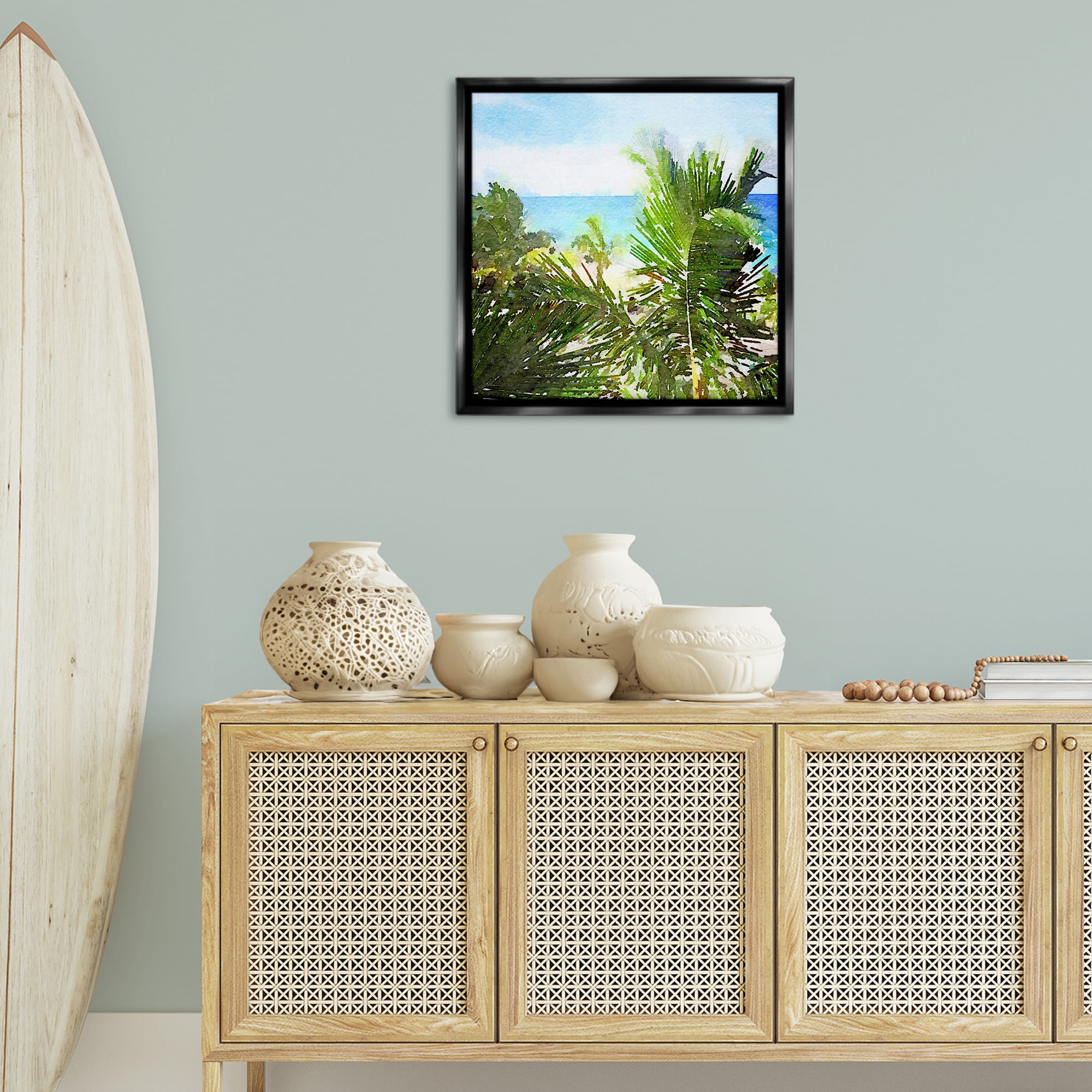 Stupell Industries Palm Leaves over Beach Landscape & Nature Painting Black Floater Framed Canvas Art Print Wall Art, 25 x 25