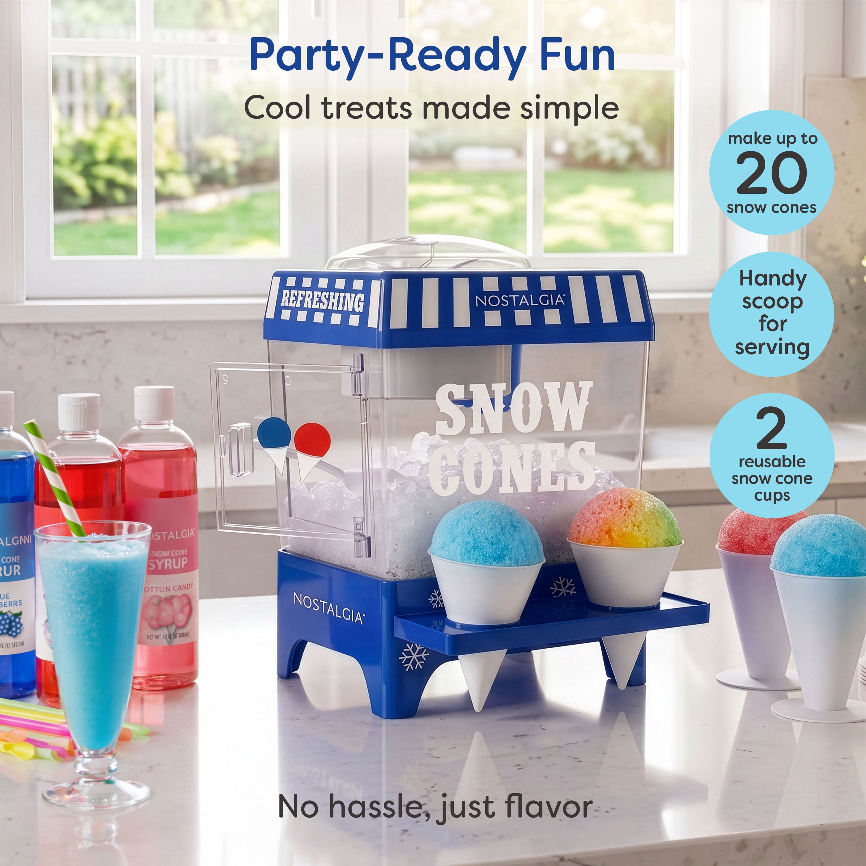 Nostalgia Snow Cone Maker, Tabletop Shaved Ice Machine with 2 Reusable Cones and Ice Scoop, Ice Blue