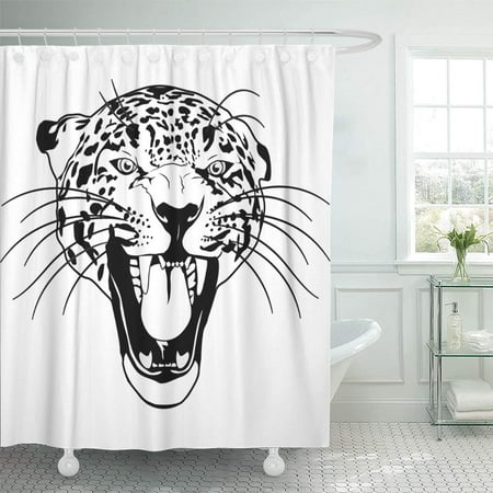 KSADK Jaguar Leopard Wild Cat Outline Black and White Face Head Panther Mascot Tiger Eyes Shower Curtain 66x72 inch