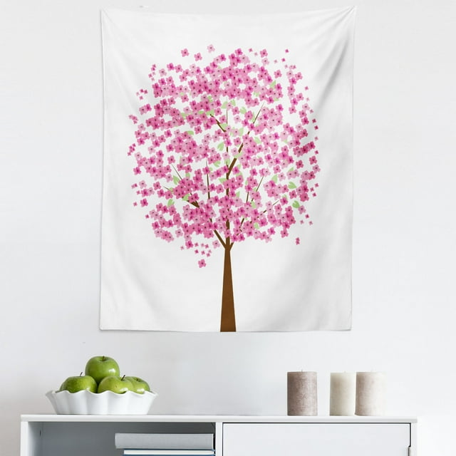 Floral Pink Tapestry, Cherry Blossom Tree Cartoon Style Branches Asian