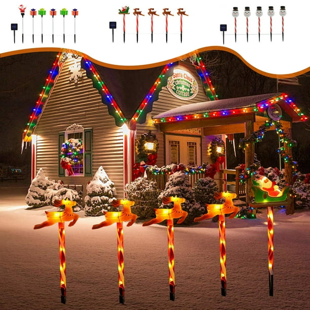 Luces Solares Navideñas: Caja de Regalo con Muñeco de Nieve y Trineo de Papá Noel para Decoración de Exteriores, Luces Solares Led Multicolor 5 En 1 para Jardín, Patio y Decoración Navideña, 50 Cm
