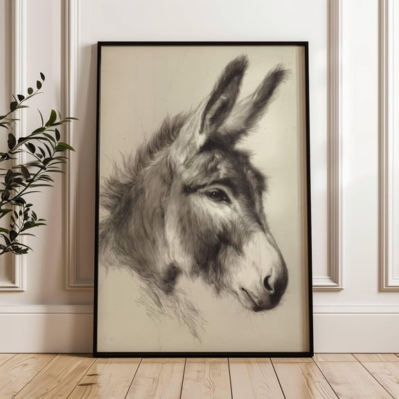 Vintage Pencil Sketch Of A Donkey | Neutral Farmhouse Wall Decor | Antique Nursery Print | French Country Decor | Animal Print | Room UNFRAMED Poster, Wall Art for Decor, Present, 8x12
