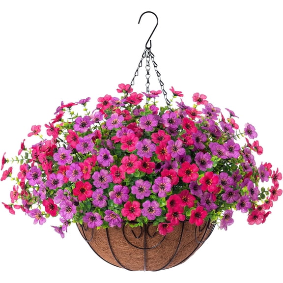Artificial Faux Hanging Flowers Plants Basket for Outdoor Outside Summer Decoration, Fake Silk UV Sun Resistant Realistic Daisy in Planter for Front Door Porch Balcony(PurpleHotpink Basket)