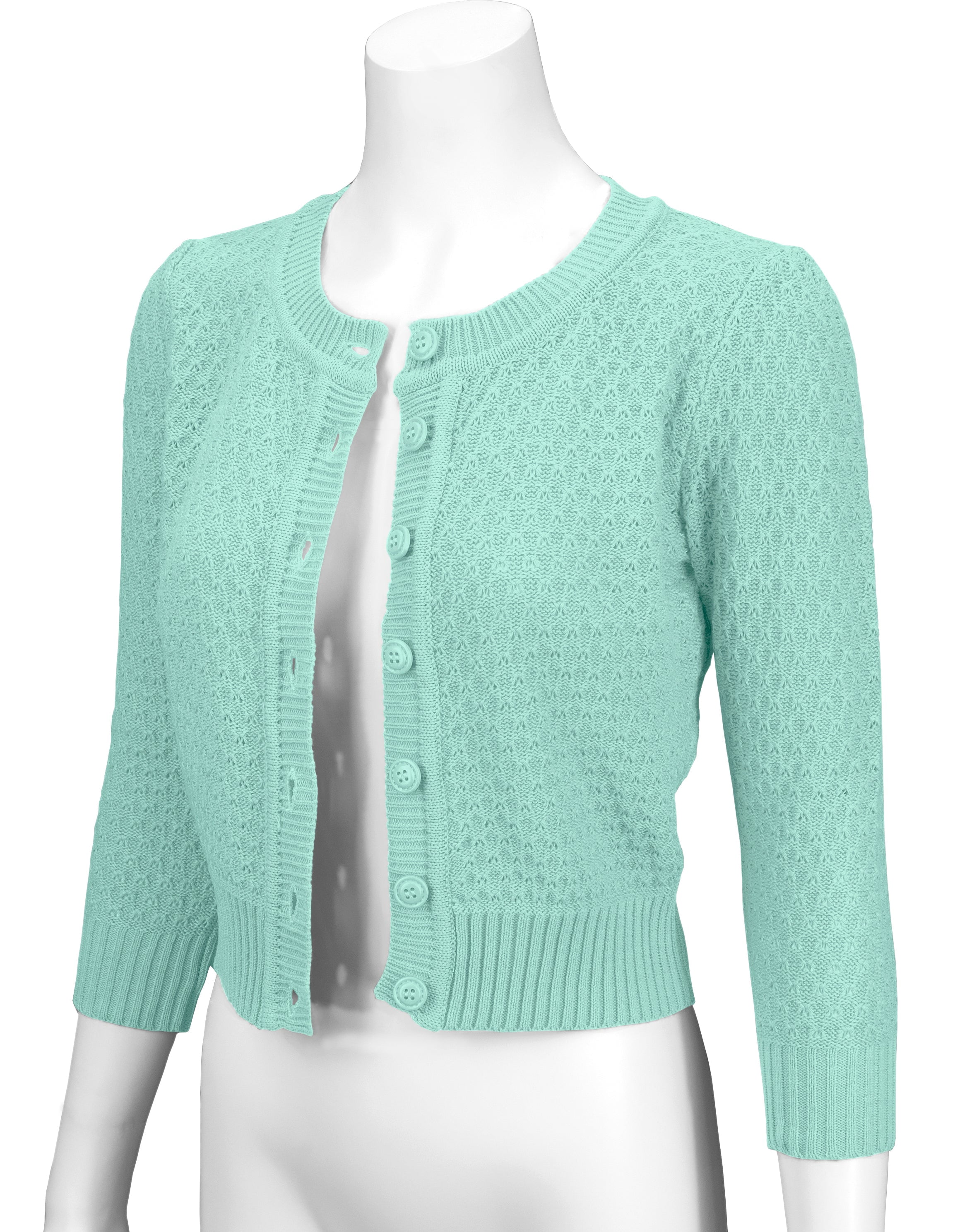 YEMAK Women's Crewneck Button Down 3/4 Sleeve Cropped Knit Cardigan Sweater MK3514