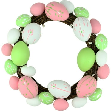 10" Pastel Pink Green and White Floral Stem Easter Egg Spring Grapevine Wreath