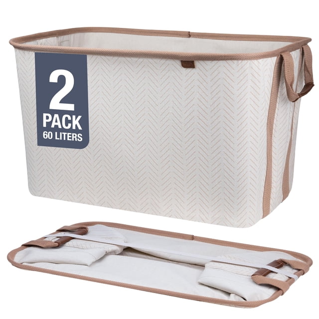 CleverMade Cestas plegables para la colada, LUXE color crema en espiga, 2 unidades, 60 L (16 gal), cesta plegable para la colada con marco de alambre emergente resistente, cesta plegable de mezcla de