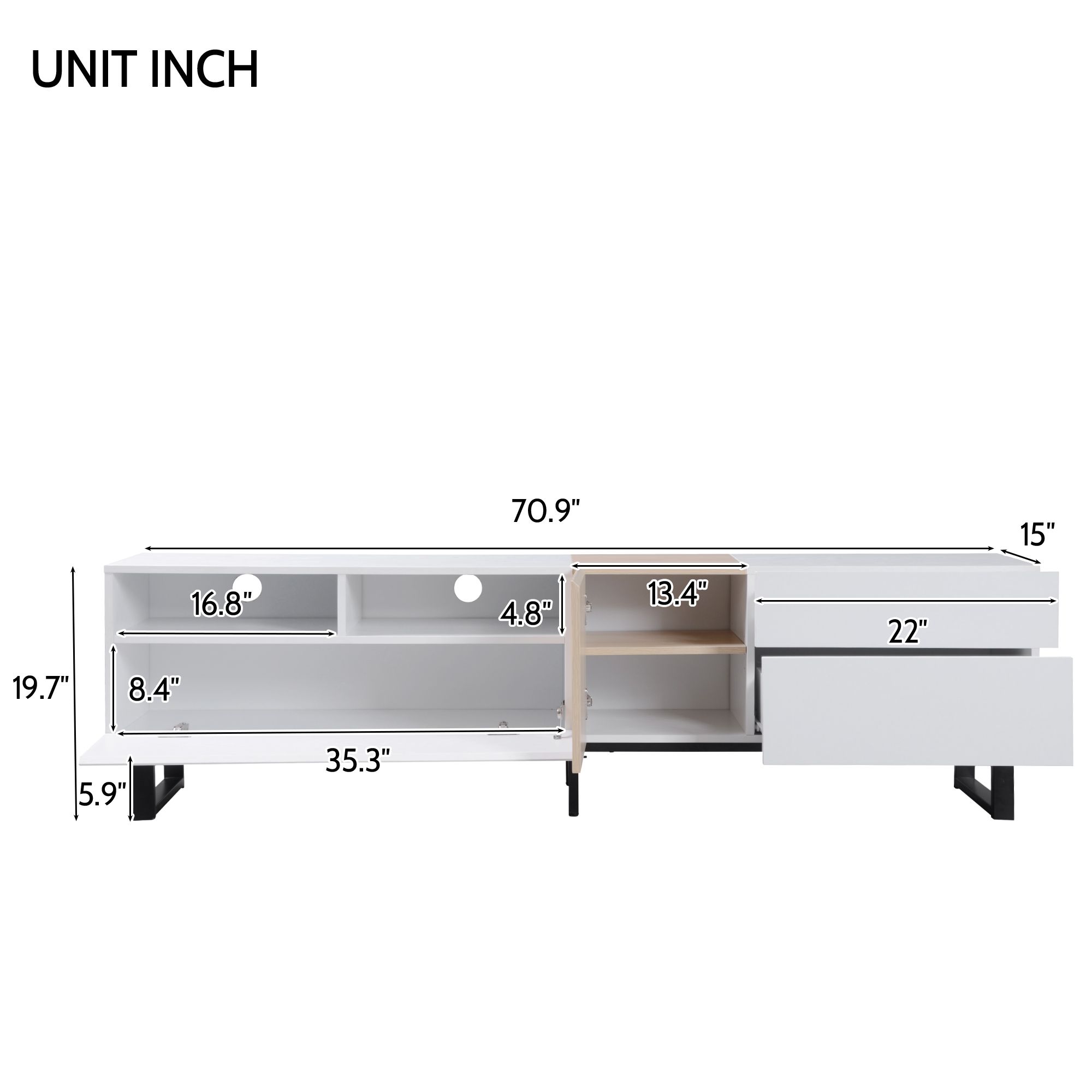 DEALTOPS Modern Minimalist TV Stand with Open Storage Shelves and Large Storage Space for TVs up to 80'' -White