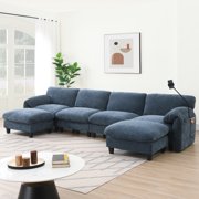 140" Modular Sectional Sofa, U-Shape with 31.5" Extra-Wide Seat Cushion, USB and Type-C Charger, Phone Holder and 2 Side Storage Pockets, Free Movement Ottoman, Striped Chenille