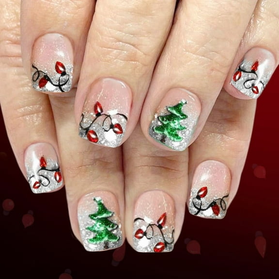 Christmas Press on Nails Short Square Nails Press ons with Christmas Tree Design Rattan Colored Lights Fake Nails Glossy Sliver Glitter Glue on Nails Winter Xmas Holiday Acrylic Nail for Women 24Pcs
