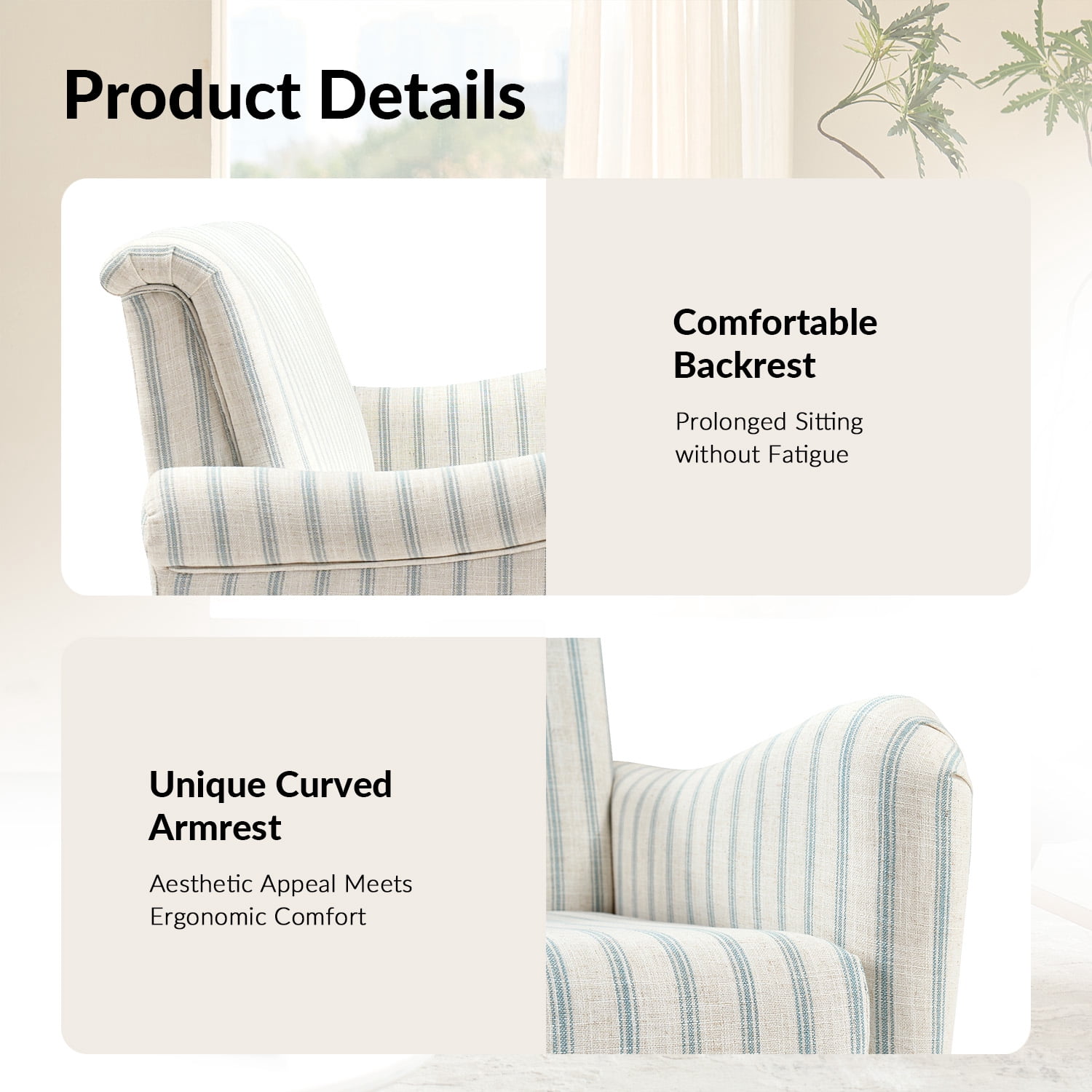 Tina's Home 50" Farmhouse Loveseat Sofa, Stripe Blue Upholstered Couch with Wide Seat, Sloped Arms and Solid Wood Bobbin Legs