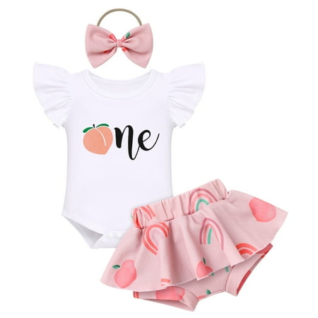 

IMEKIS Peach 1st Birthday Outfit Baby Girl Ruffle Sleeve Romper Hawaiian Mini Tutu Shorts Headband I’m One Year Old Cake Smash Photo Shoot Toddler Themed First Birthday Party Supply 6-12 Months