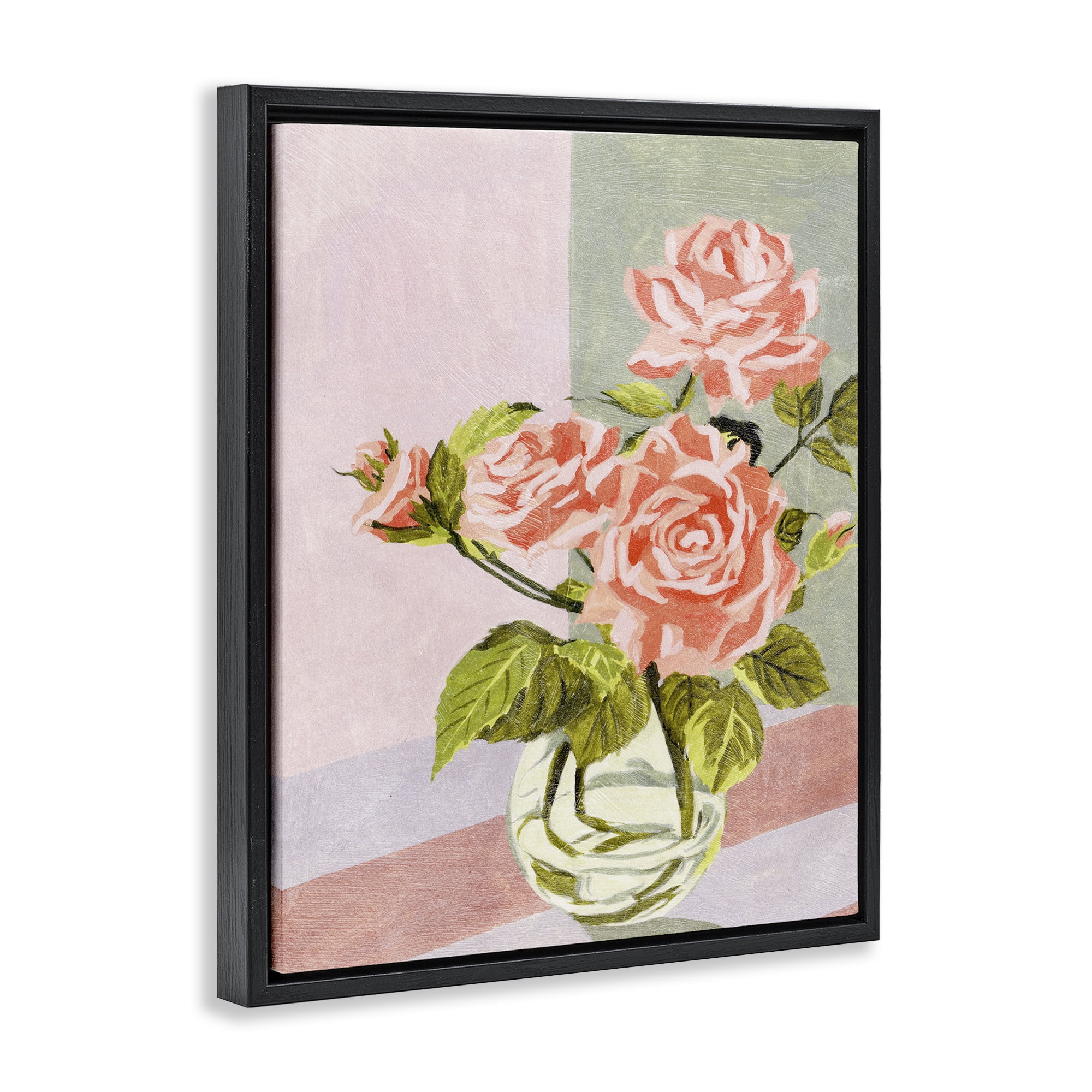Stupell Industries Pink Roses on Pastels Plants & Flowers Painting Black Floater Framed Canvas Art Print Wall Art, 25 x 31