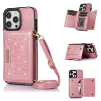 ELEHOLD Stylish Wallet Case for iPhone 14 Pro Flip Card Slots Diamond Bling Sparkle Design RFID Blocking Detachable Shoulder Strap for Girls Women Purse Case 6.1 inch,Pink
