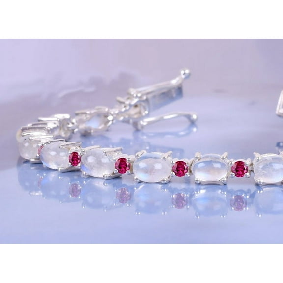 CZ Moonstone Oval&Round Ruby Wedding Bracelet,Bridal Tennis Bracelet,Chain Bracelet Birthstone Jewelry Gift for Her