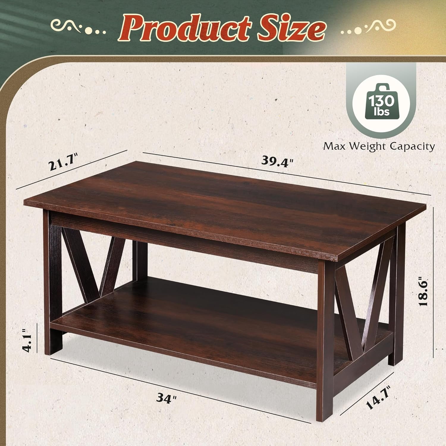 GALAXHERO 39.4" Coffee Table with Storage Shelf Farmhouse Coffee Table with V-Frame Support 2-Tier Wood Rustic Center Table for Living Room, Bedroom & Balcony, Espresso