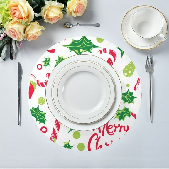 15.4" Round Placemat Set of 1 Polyester Fabric Place Mats Non-Slip Dining Kitchen Table Mats for Kitchen Party Decor Candy Cane