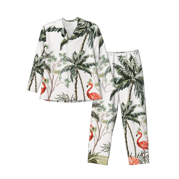 Fotbe Flamingo Palm Trees Pijama de Hombre con Estampado de Manga Larga, Conjunto de 2 Piezas, Ropa de Dormir Suave y Cómoda con Bolsillos-X-Large