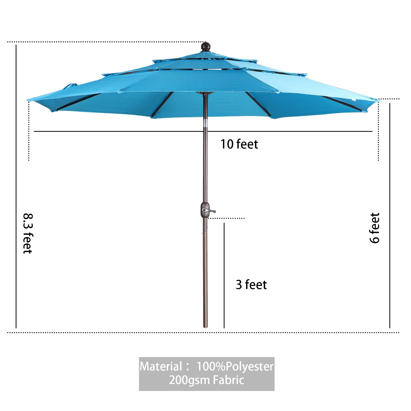 Aoodor 10ft 3-Tier Patio Umbrella, Outdoor Table Market Umbrella Tilt Adjustment and Crank - Light Blue