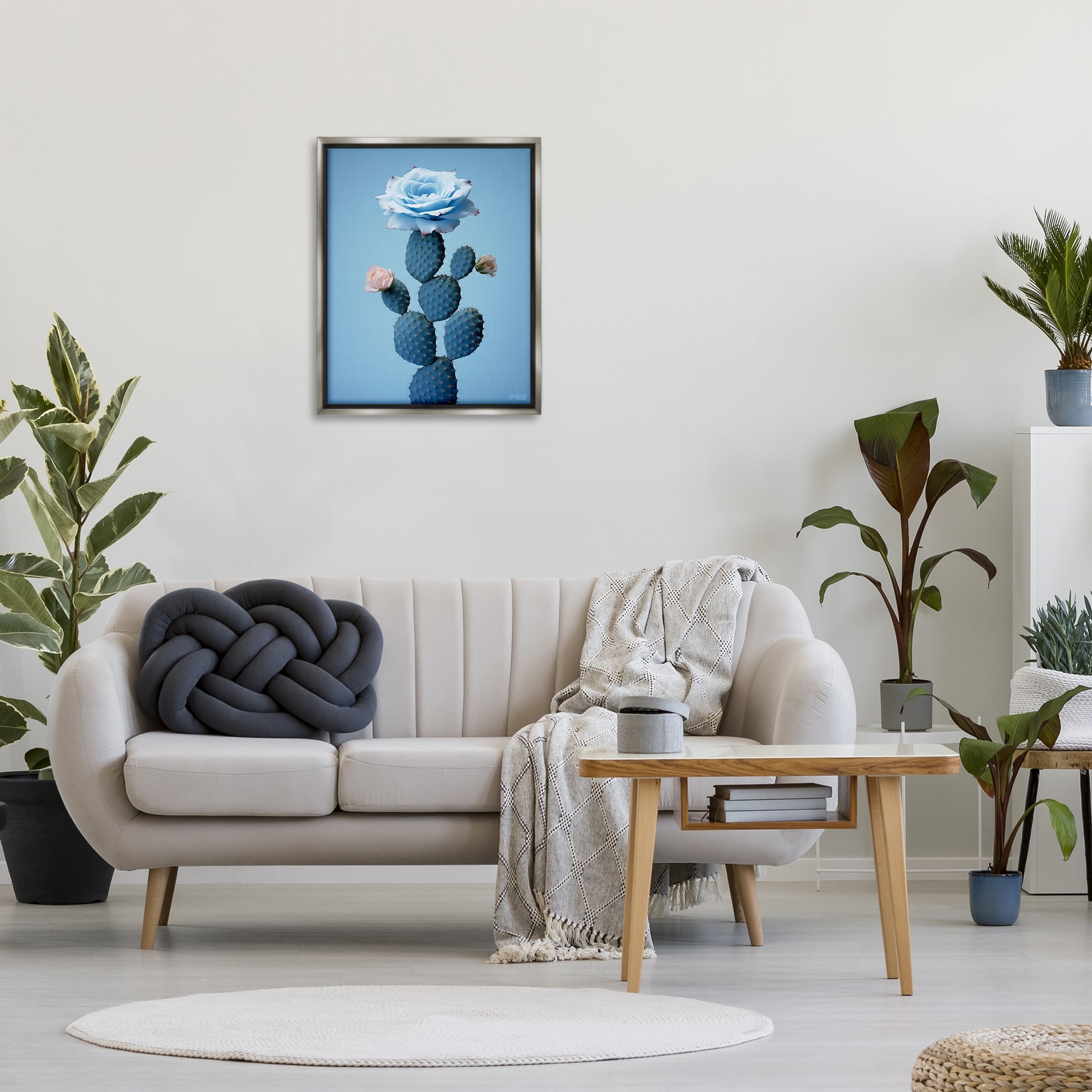 Stupell Industries Blue Rose & Cactus Botanical & Floral Painting Gray Floater Framed Canvas Art Print Wall Art, 25 x 31