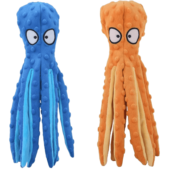 2 Pack Squeaky Dog Toys - Octopus Plush Dog Toys for Aggressive Chewers, No Stuffing, Crinkle, Durable Interactive, Blue, Orange