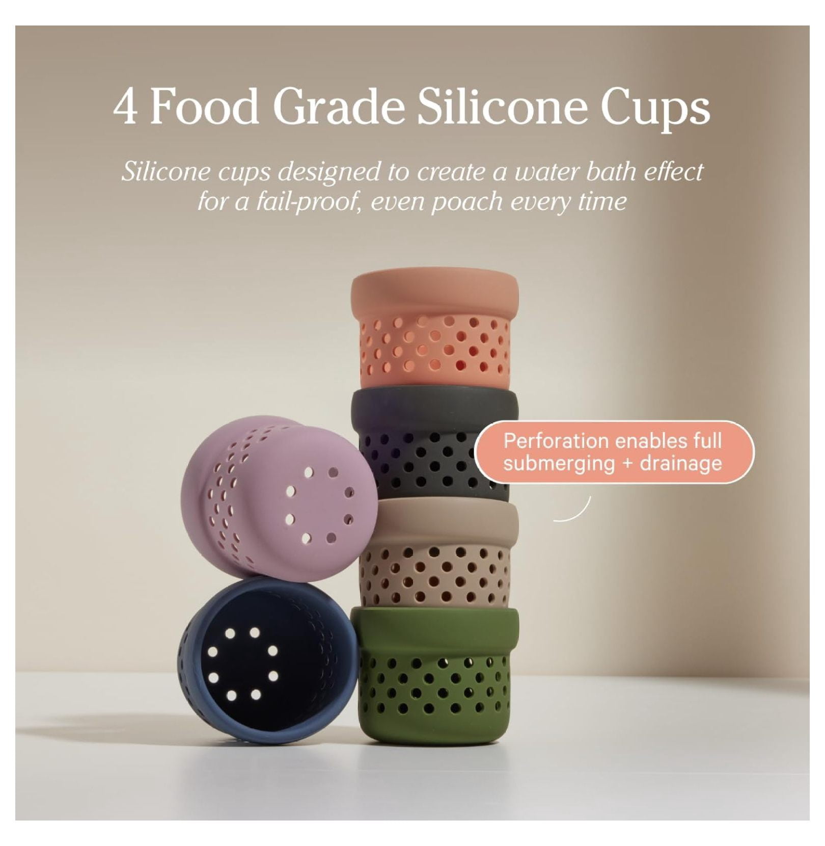 Silicone Egg Poacher Add-On - Easy-Use Poaching Set | Fail-Proof Water Bath Design | Includes Sturdy Nylon Platter & Perforated Cups | BPA-Free, Dishwasher Safe | Char
