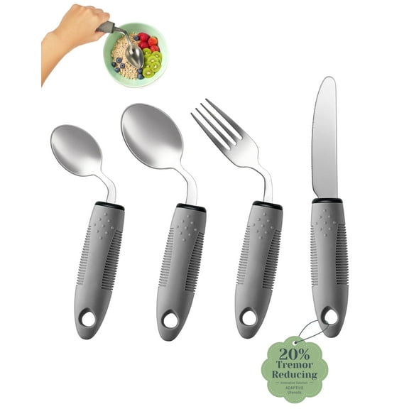 BaseSmall 4-Piece Adaptive Utensils Set - 42°Angled Parkinsons Utensils, 2.5 oz Weighted Utensils for Tremors and Parkinsons Patients, Weighted Silverware for Hand Tremors(Grey:Right-Handed)