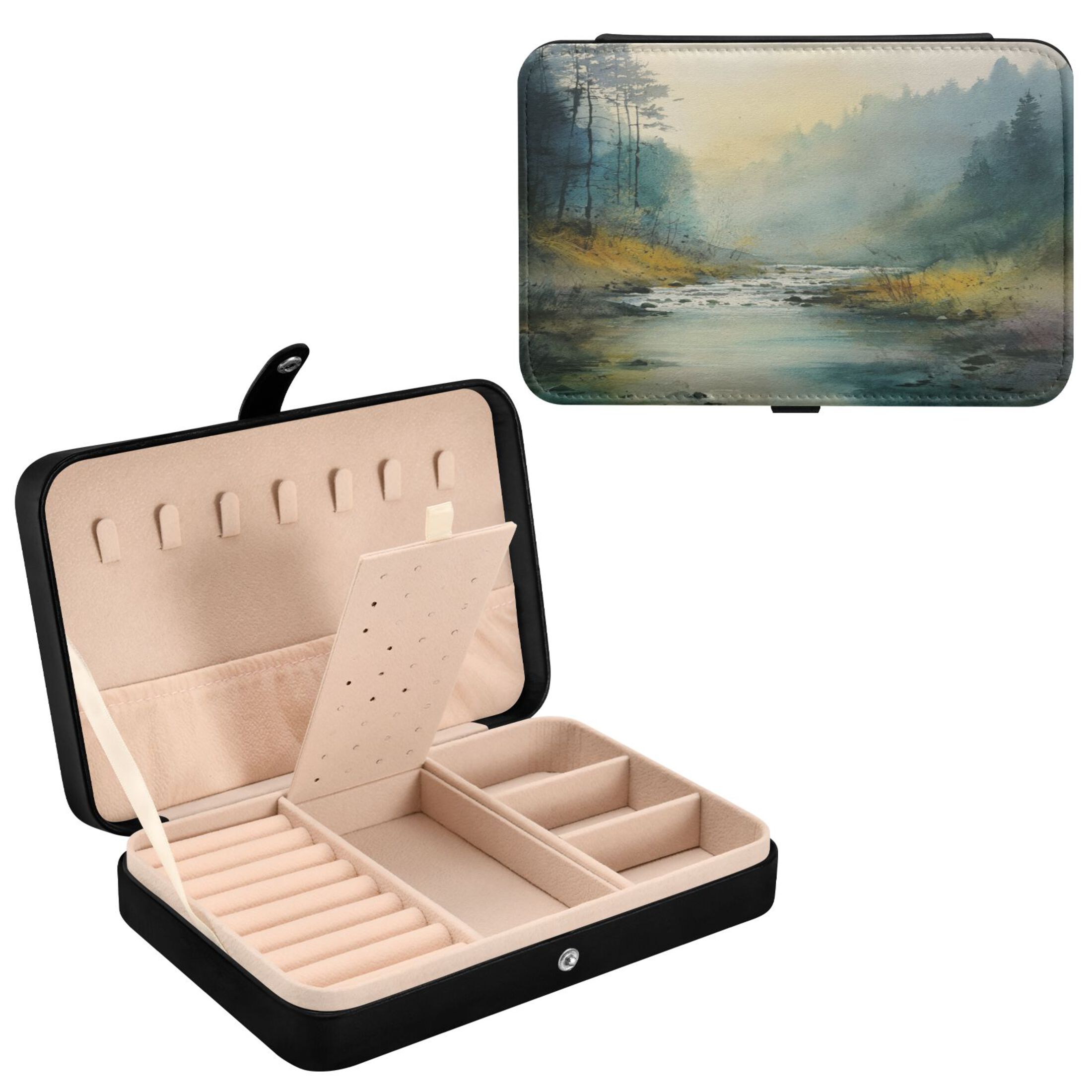Leather Jewelry Box Rectangular 8.27x5.5x1.78In Travel Jewelry Storage Earrings Necklace Bracelet Watch Brooch Storage Beautiful Watercolor Forest