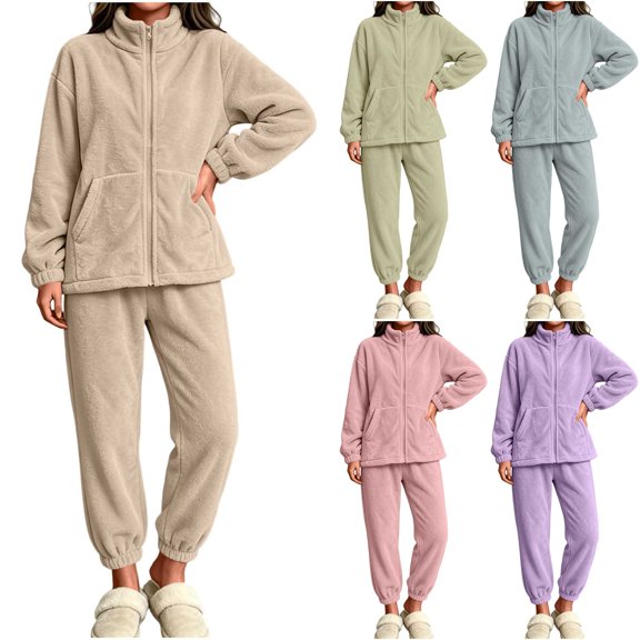 Womens Sherpa Fleece Pajamas Cozy Warm 2 Piece Fall Winter Outfits Soft Fluffy Loungewear Sets Mock Neck Zip Up Sweatshirt Jogger Pants with Pockets, Beige, M