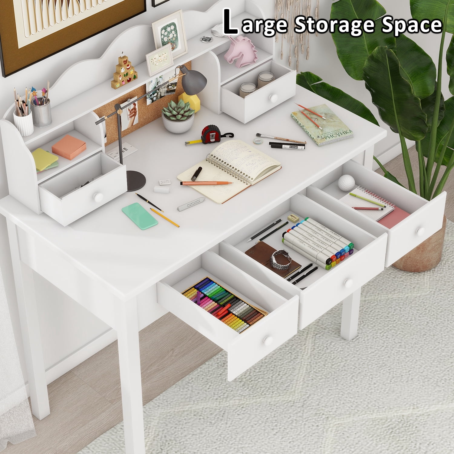 LAZZO 36" Writing Desk with Detachable Hutch & Drawers, Home Office Study Desk, White