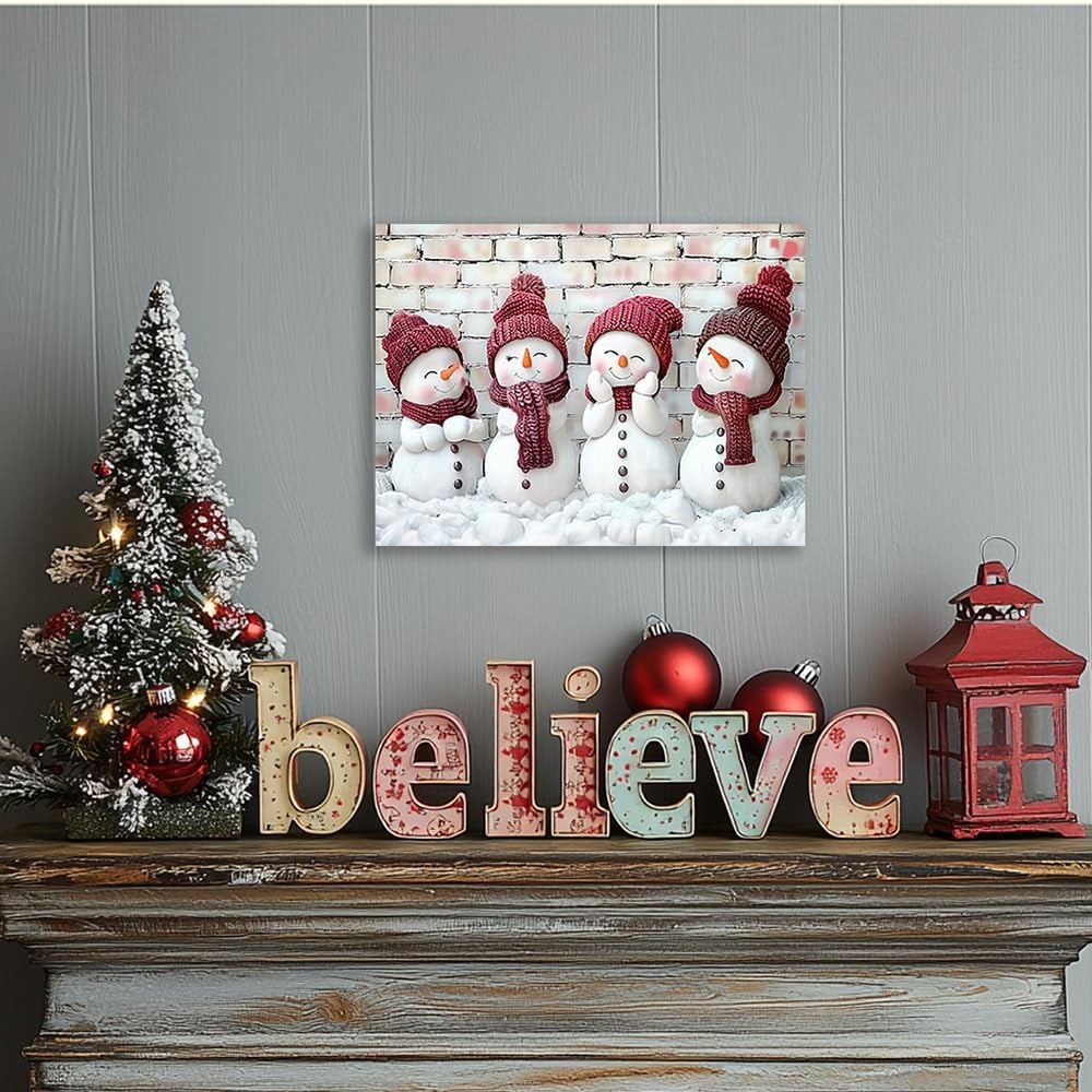 Christmas Snowman Canvas Wall Art - 4 Cute Cartoon Snowmen Christmas Pictures Wall Decor - Red and White Xmas Holiday Room Decorations - Framed Christmas Poster Print 16x12 Inch