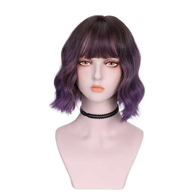 Peluca para cosplay con rizos cortos y ondulados, color morado degradado, 33 cm, para todos