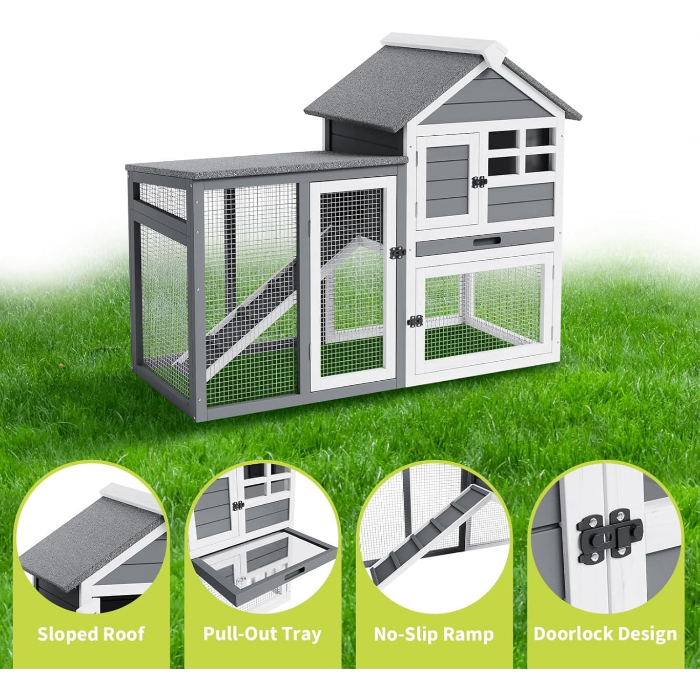 Large Rabbit Hutch Outdoor Indoor with Pull Out Tray Wooden Bunny Hutch, Guinea Pig Cage Chicken Co op with Run, Removable Tray, Asphalt Roof, Lockable Doors and Ramp
