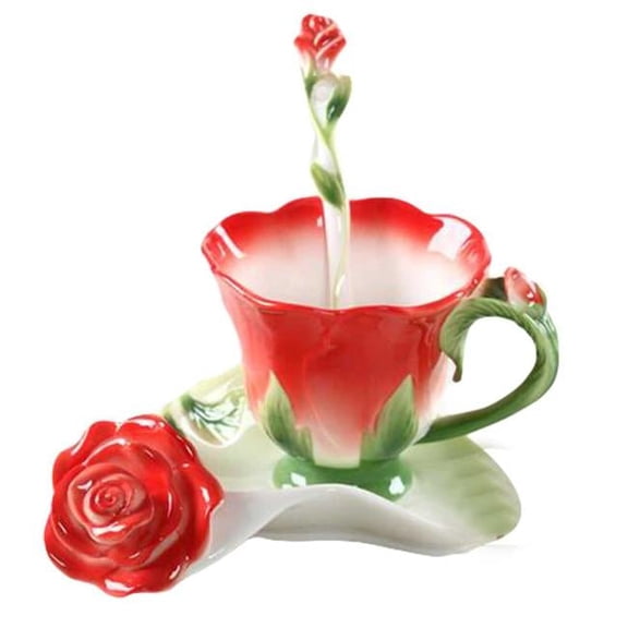 5.1 oz Red Rose Shape Design Porcelain Coffee Tea Cup Sets with Saucer & Spoon, Multi Color