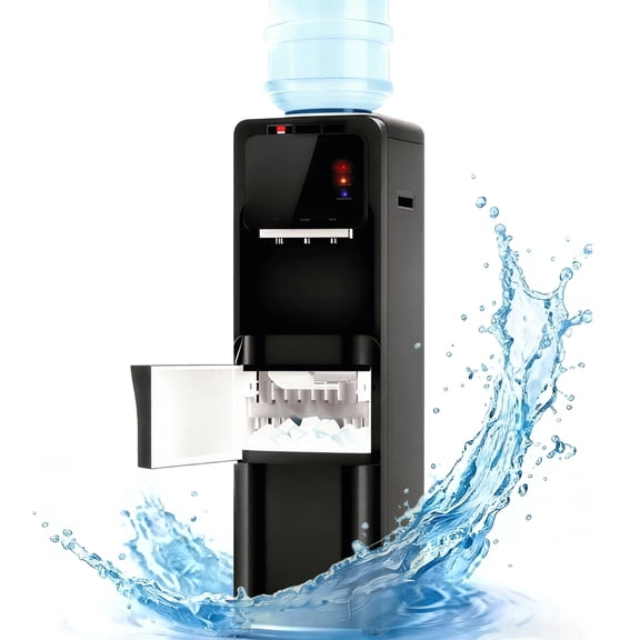 UrbanSync 4-in-1 Top-Loading Water Dispenser with Ice Maker, Hot, Cold and Room Temperature Water, Compatible with 3–5 Gallon Water Bottles, Child Lock, Suitable for Home and Office Use, Black