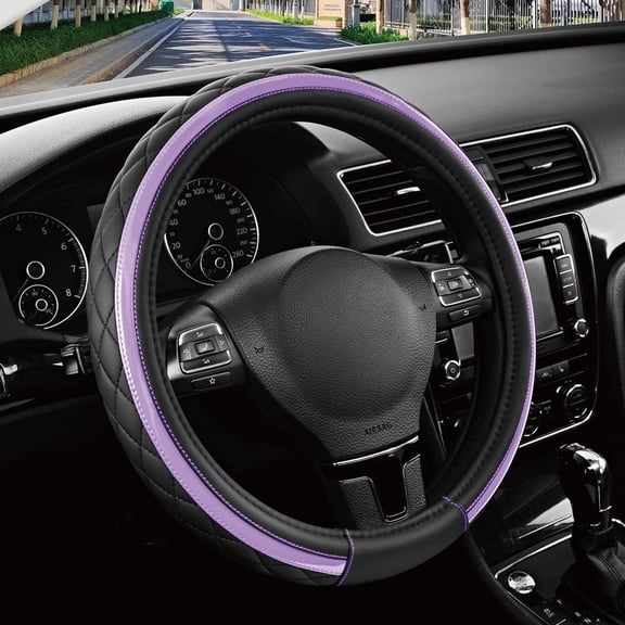 Road Comforts Leather Steering Wheel Cover – Black & Purple, Universal Fit 14.5-15 Inch, Microfiber Leather, Anti-Slip & Breathable Design for Men and Women