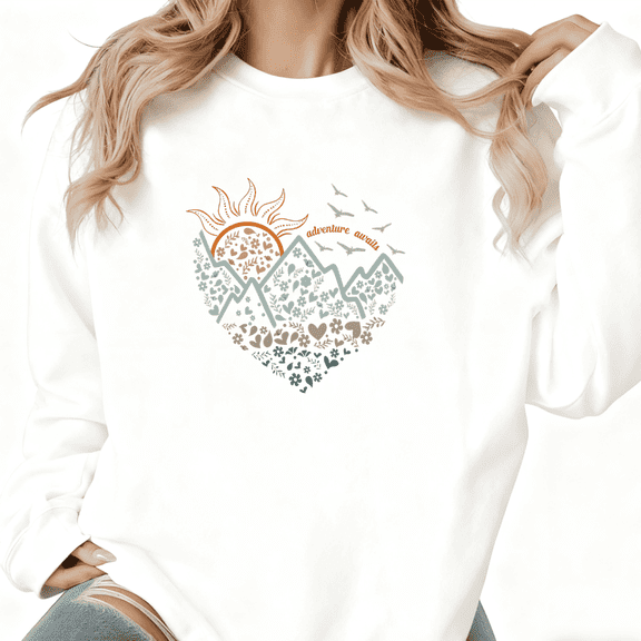 Women's Mountain Sunrise Printed Cotton Sweatshirt Round-neck Long-sleeved White S-3XL
