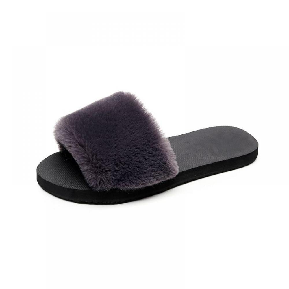 Women's Plush Faux Fur Fuzzy Slide on Open Toe Slipper with Memory Foam Open Toe Slippers with Arch Support Anti Skid Ladies Slip On Fur Slide Slippers House Shoes Mules Indoor Outdoor - image 1 of 4