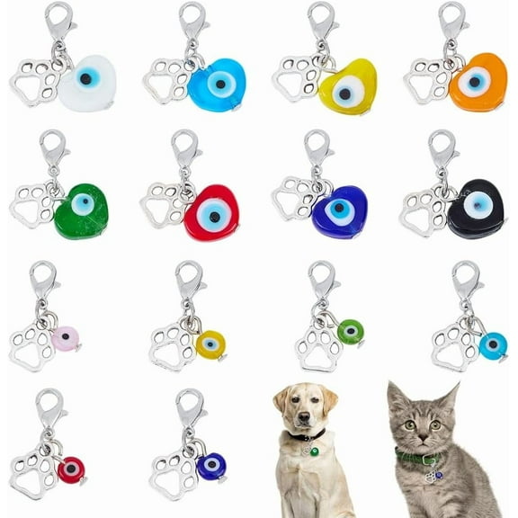 14pcs Heart Evil Eye Collar Pendants for Cat Dog Alloy Glazed Pet Collar Pendants Clip-on Dog Paw Pet Puppy Collar for Bag Keychain Jewelry Making Training Home Decor