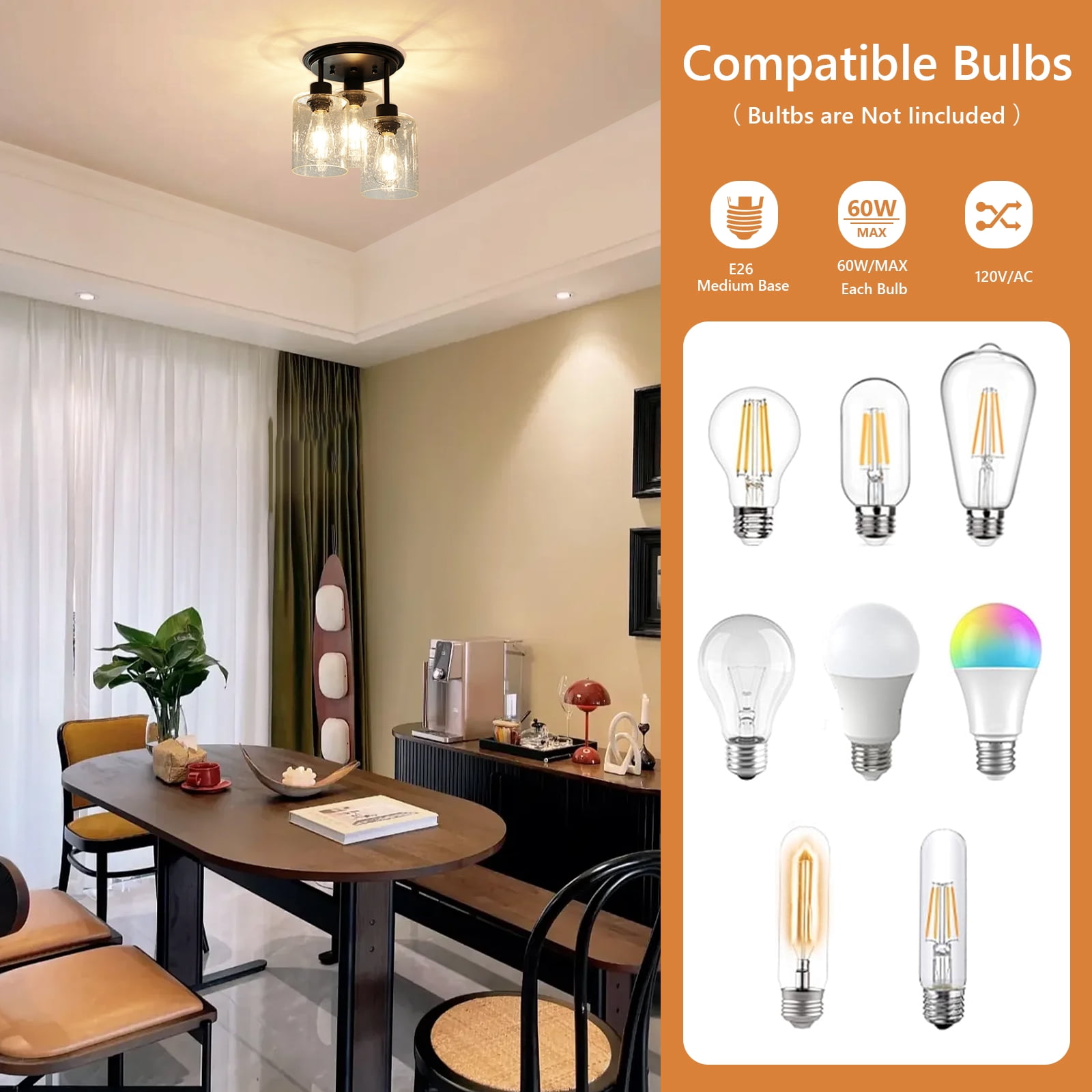 FRIDEKO HOME Semi Flush Mount Ceiling Light, 3-Light, E26 Base, Modern Black Finish Ceiling Light Fixtures with Seeded Glass Shades for Kitchen, Bedroom, Entryway, Hallway (Without Bulb)
