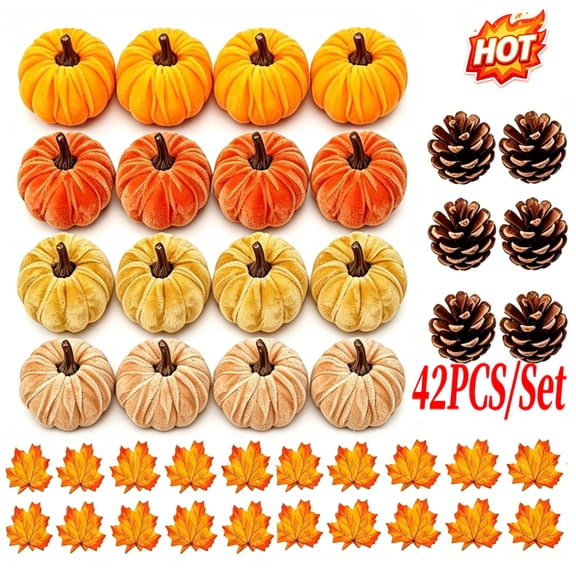 🎃42PCS Fall Pumpkin Decorations, Artificial Pumpkins Set for Thanksgiving Halloween Fall Home Decor (Velvet)